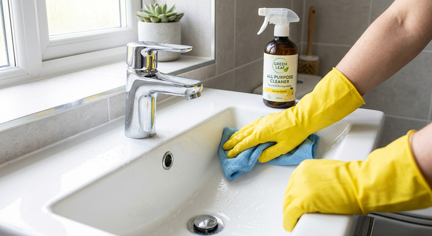 Gloved hands cleaning a sparkling white bathroom sink