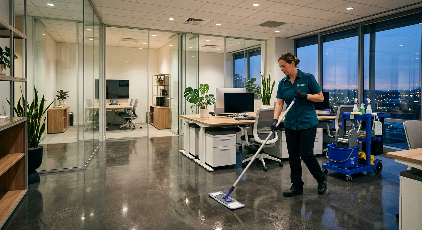 A Fuerte janitorial professional mopping a modern office floor